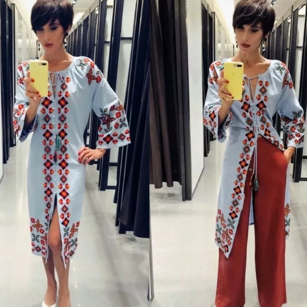 ZARA EMBROIDERED MIDI DRESS WAISTBAND BELT TASSELS